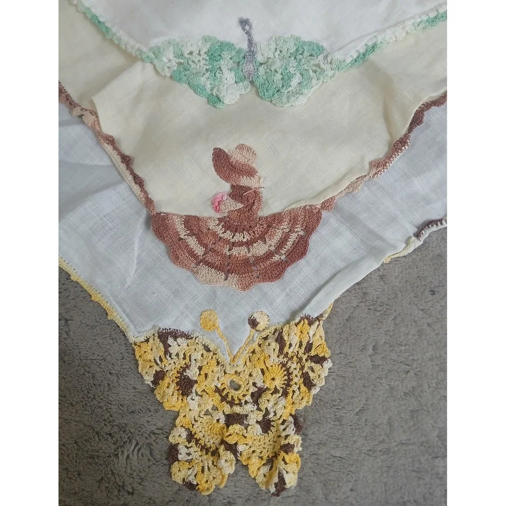 Vintage Crochet‎ Butterfly Southern Belle Handkerchief Set of 3 Linen Handmade